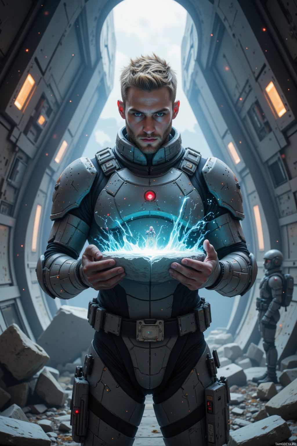A futuristic armored figure holds a glowing, energy-emitting object in a sci-fi setting.