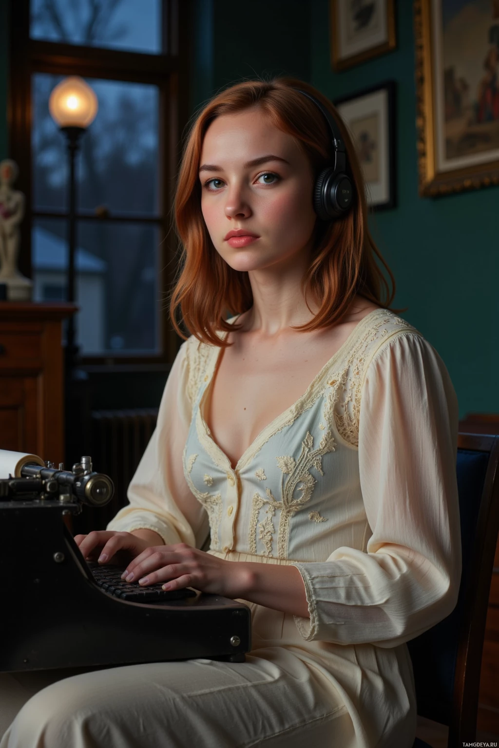 A woman in a vintage-style dress sits at a typewriter, wearing headphones.