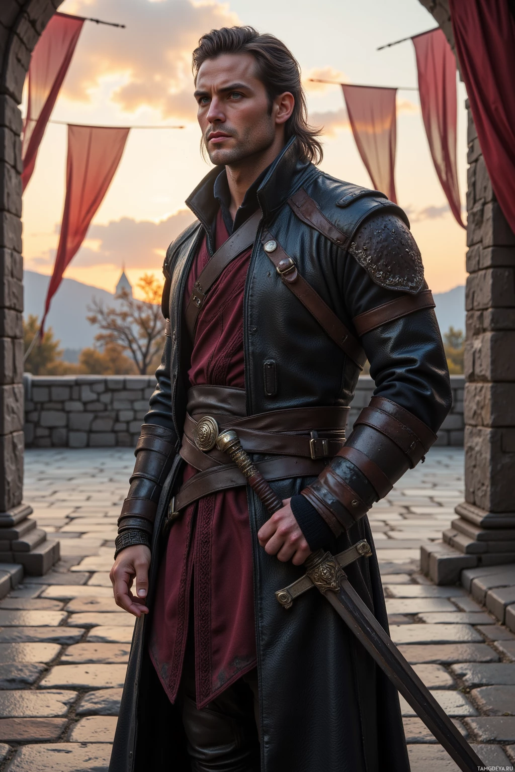 A man in medieval attire stands on a cobblestone path, holding a sword.