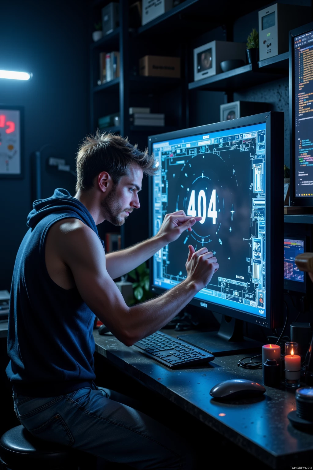 A man is working at a computer with a 404 error displayed on the screen.