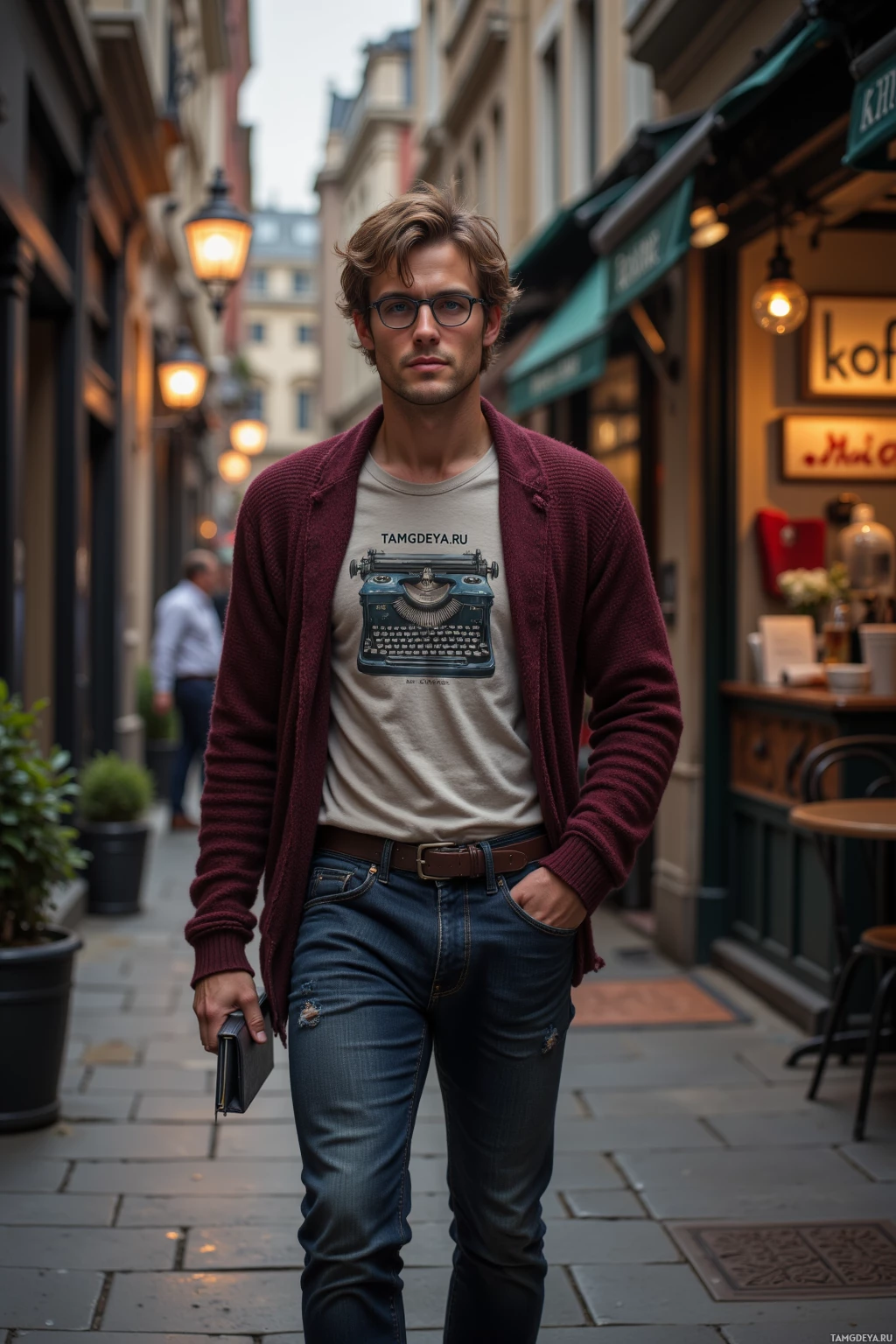 A man stands in a narrow street, wearing a maroon cardigan, a beige t-shirt with a typewriter graphic, and blue jeans.