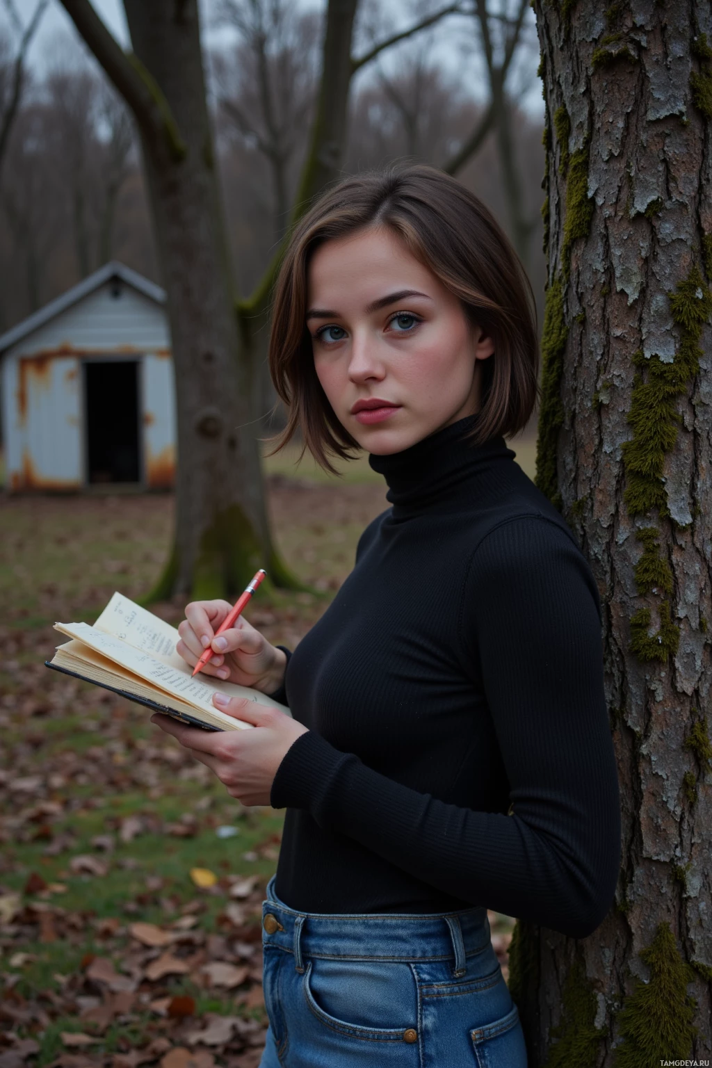 A person in a black turtleneck and jeans leans against a tree, holding a book and pen.
