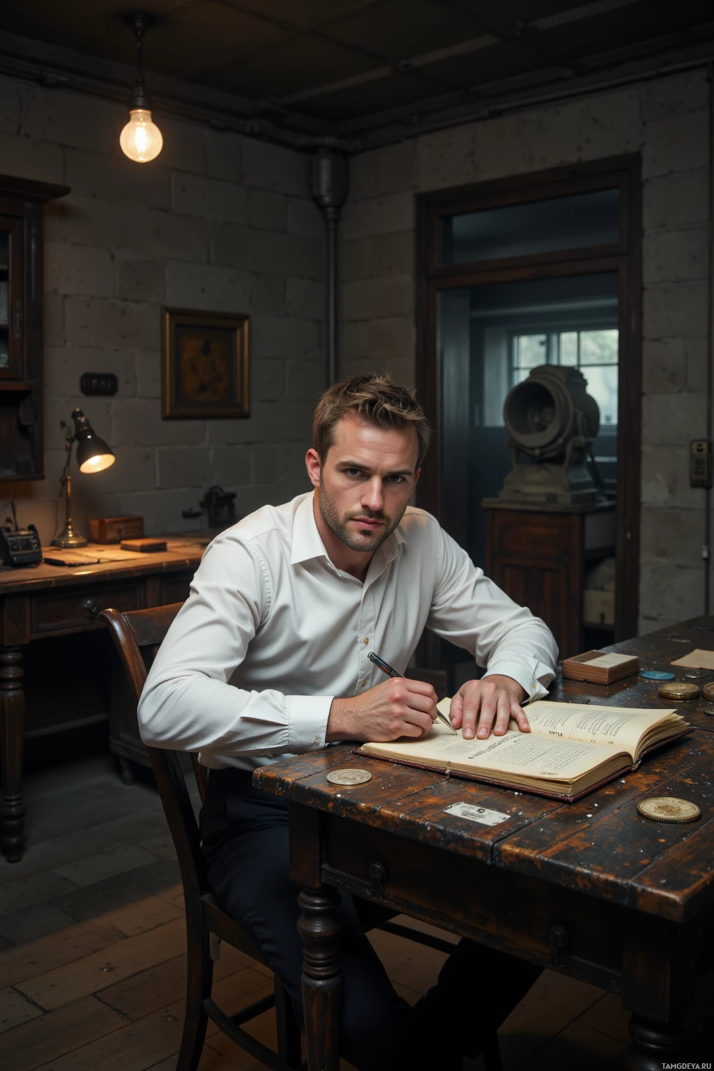 A man in a white shirt sits at a desk in a dimly lit room, writing in a notebook.