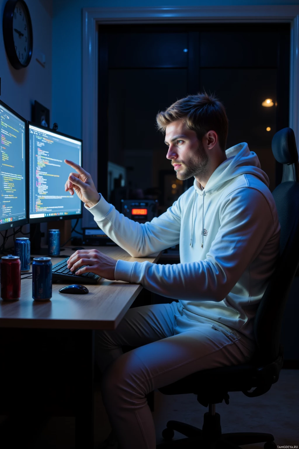 A person is sitting at a desk working on a computer with two monitors displaying code.