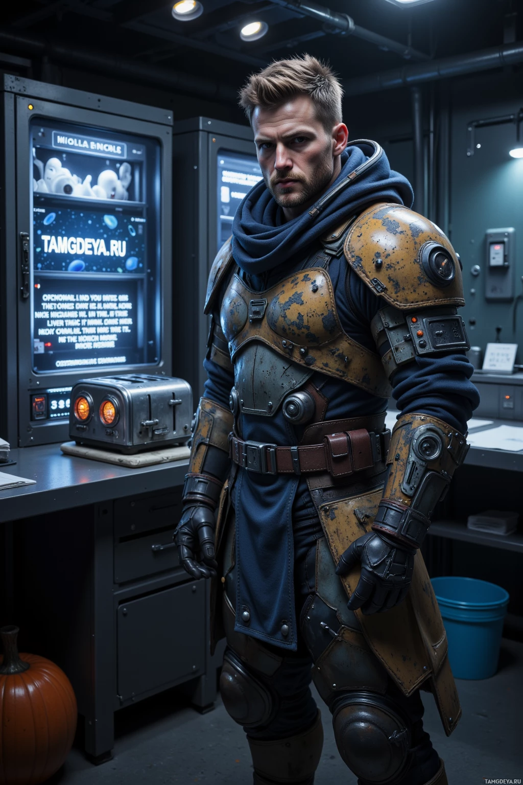 A person in futuristic armor stands in a room with industrial equipment and a pumpkin.