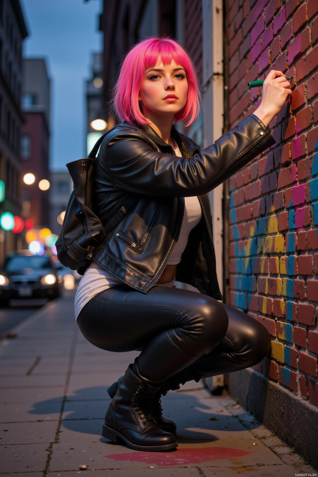 A person with pink hair in a leather jacket and pants is crouching against a brick wall at night.