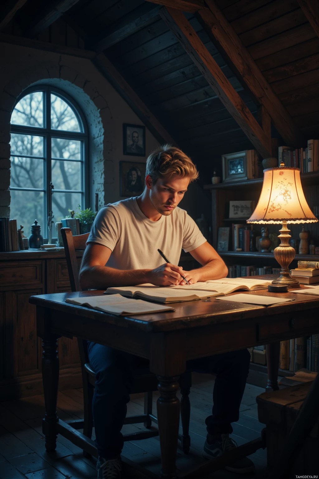 A person is sitting at a desk in a dimly lit room, writing in a notebook under the glow of a lamp.