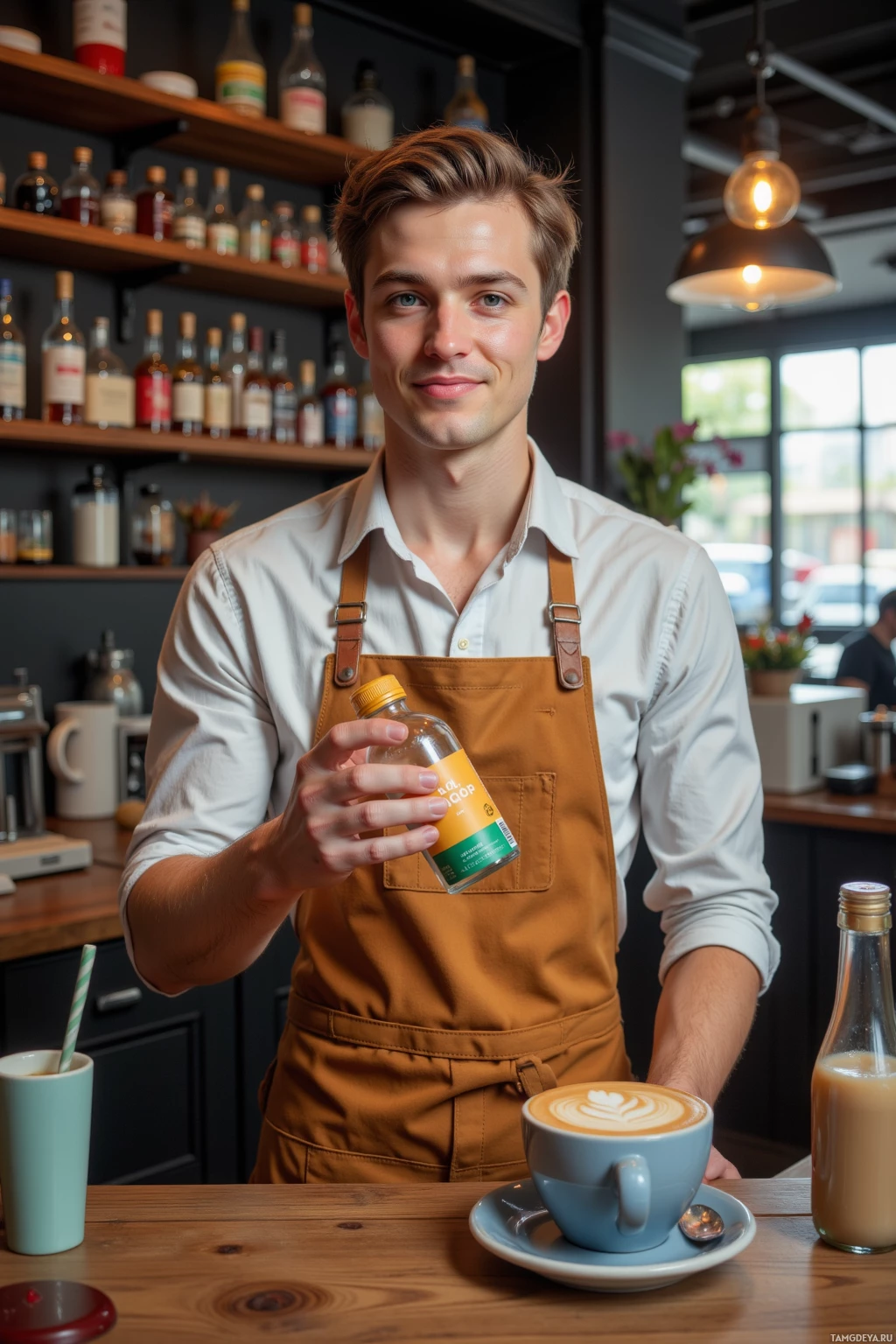 A barista in an apron holds a bottle, with a latte and other items on the counter.