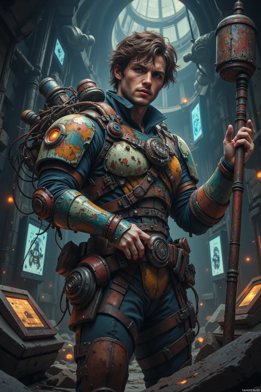 A character in a steampunk-inspired outfit stands in a dimly lit, industrial setting.