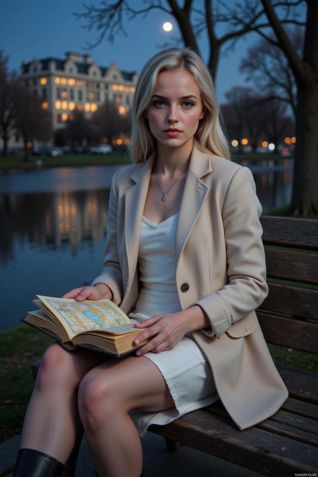 A woman sits on a bench by a pond, reading a book, with a building and trees in the background.