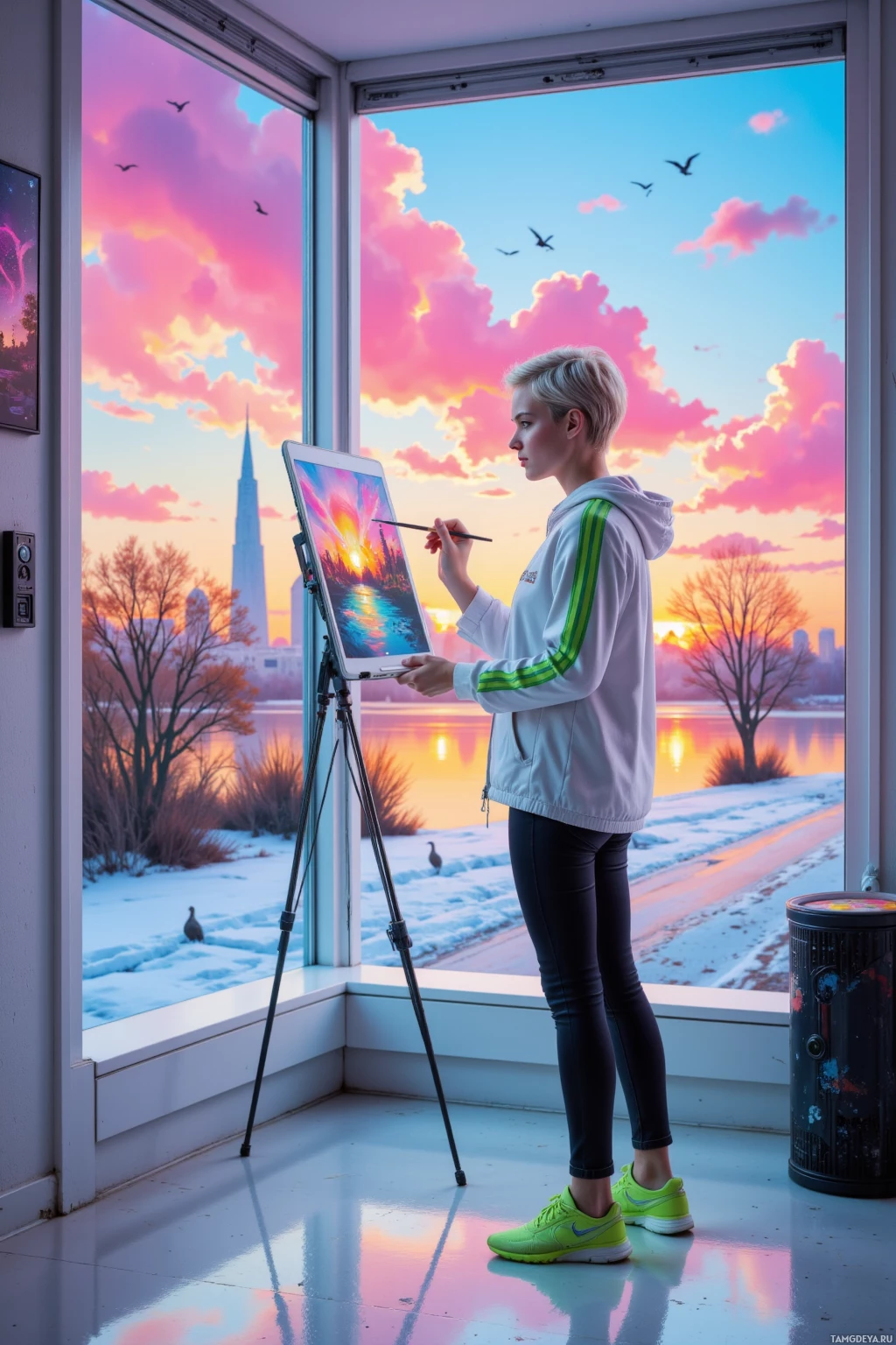 A person paints a vibrant sunset scene on an easel in a room with large windows.
