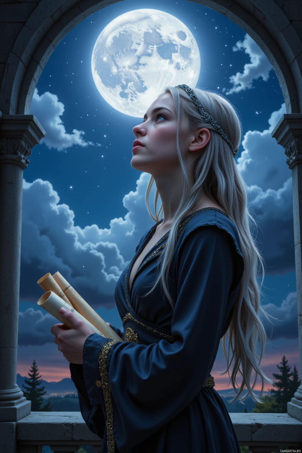 A woman in a dark blue gown stands under an archway, holding scrolls, with a full moon and starry sky in the background.
