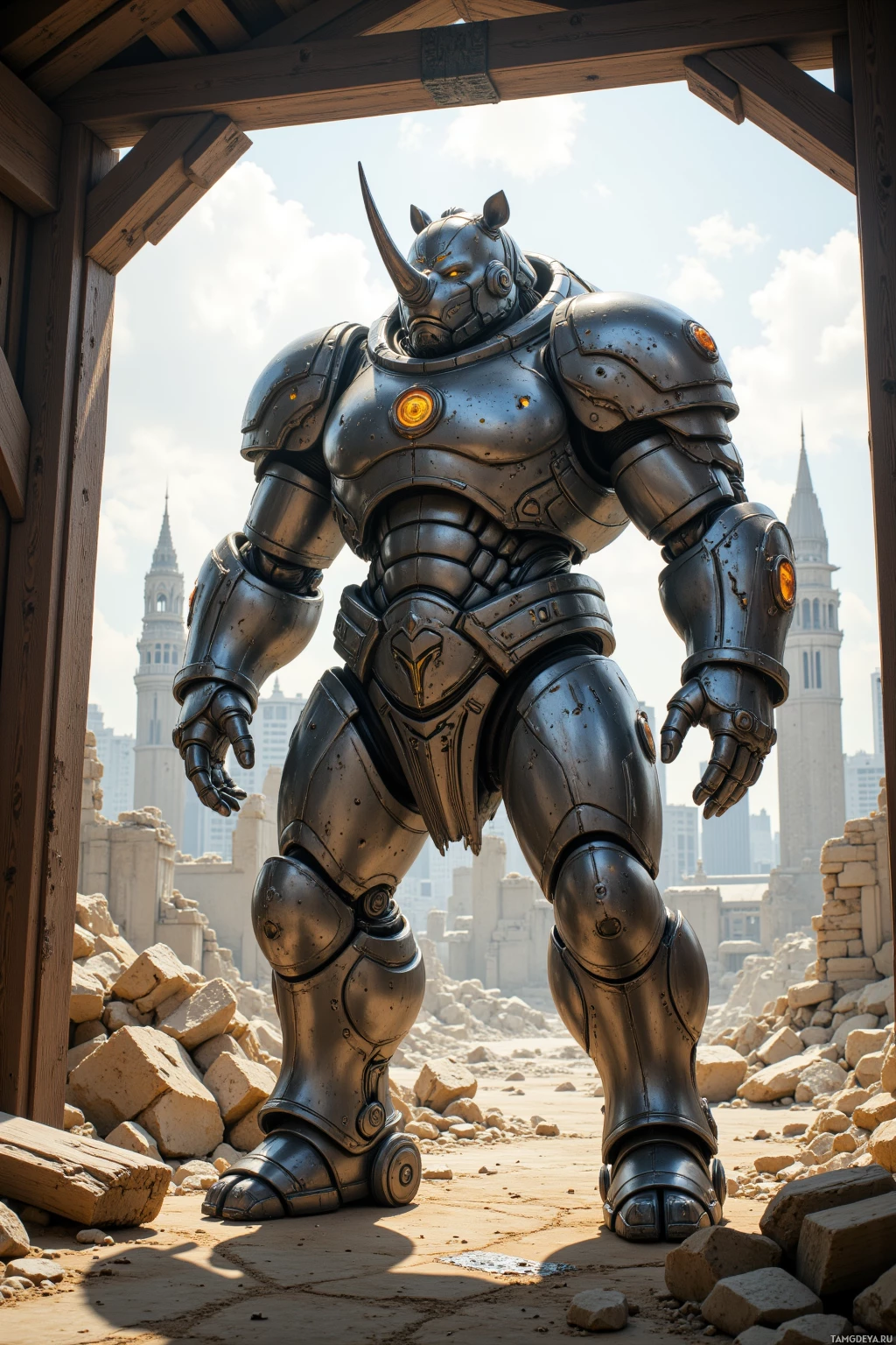 A large, armored rhinoceros robot stands amidst rubble in a ruined cityscape.