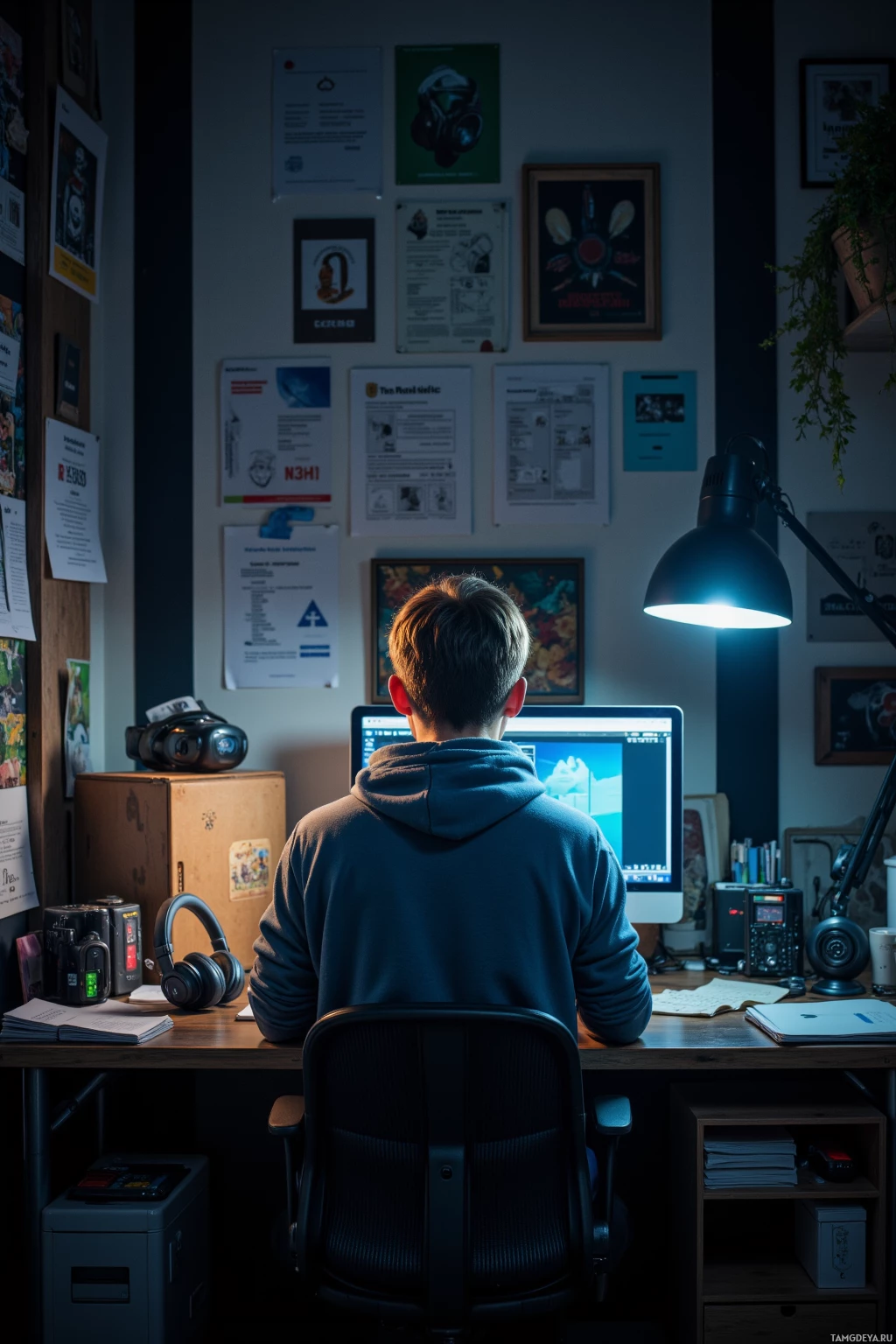 A person sits at a desk in a dimly lit room, working on a computer.