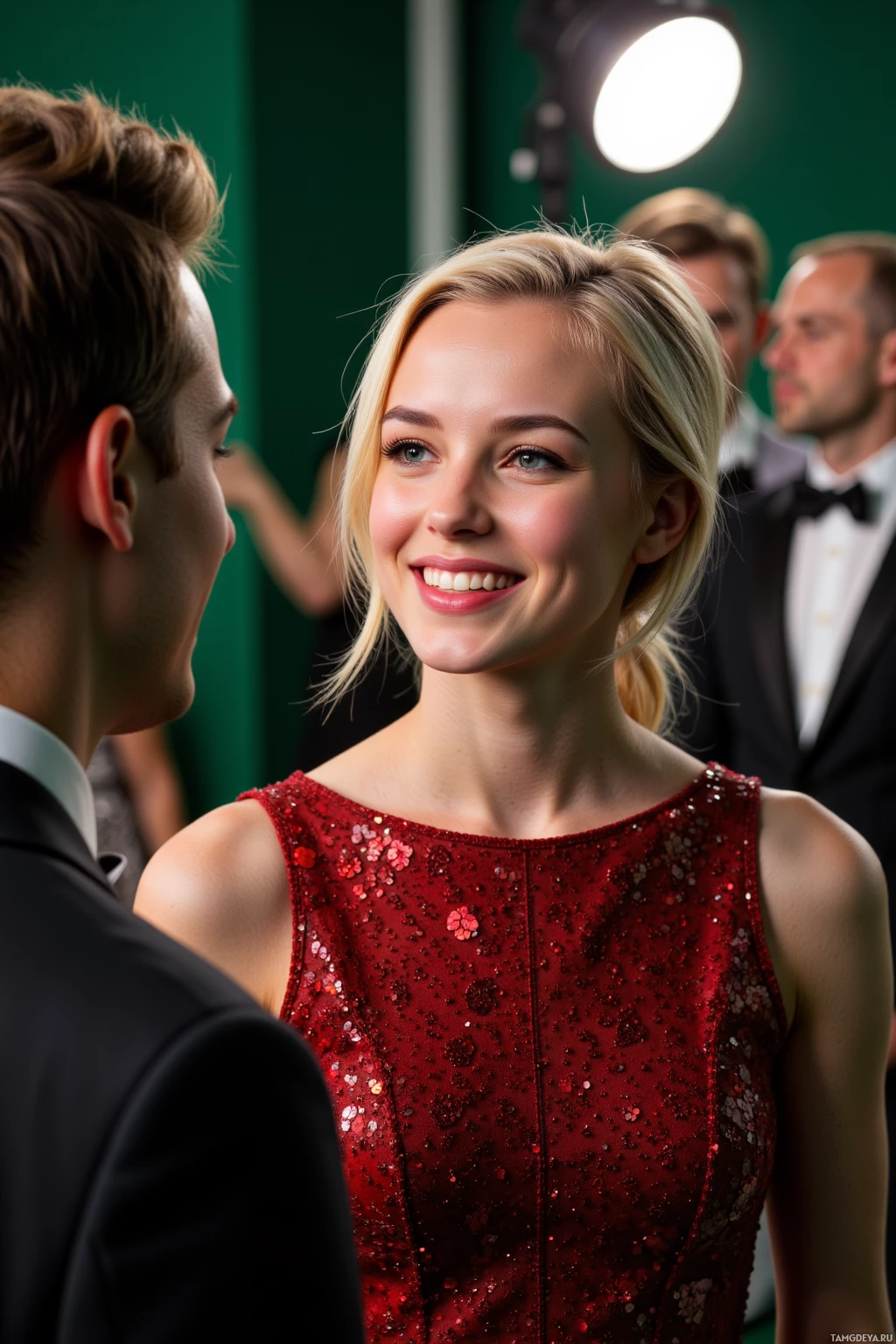 A woman in a red dress smiles while interacting with a man in a suit.