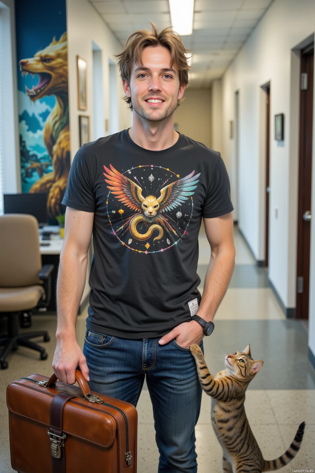 A man in a t-shirt and jeans stands in an office hallway, holding a briefcase, with a cat perched on his hand.