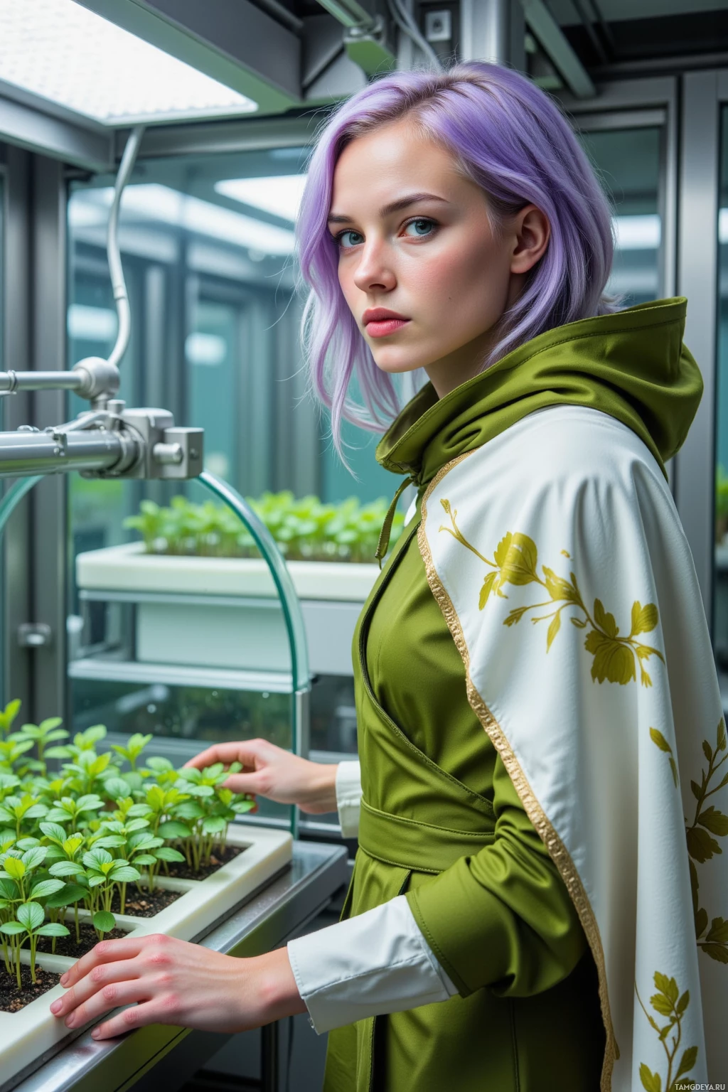 A person with purple hair stands in a greenhouse, wearing a green and white outfit with floral details, near a tray of young plants.