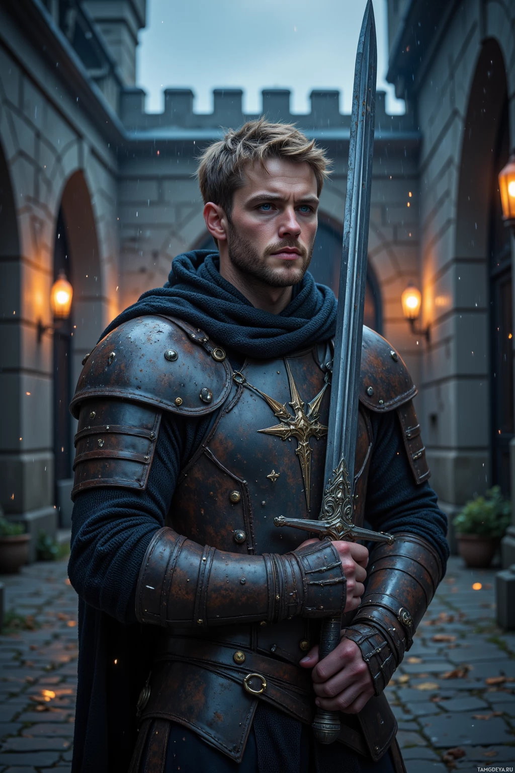 A knight in armor stands in a courtyard, holding a sword.