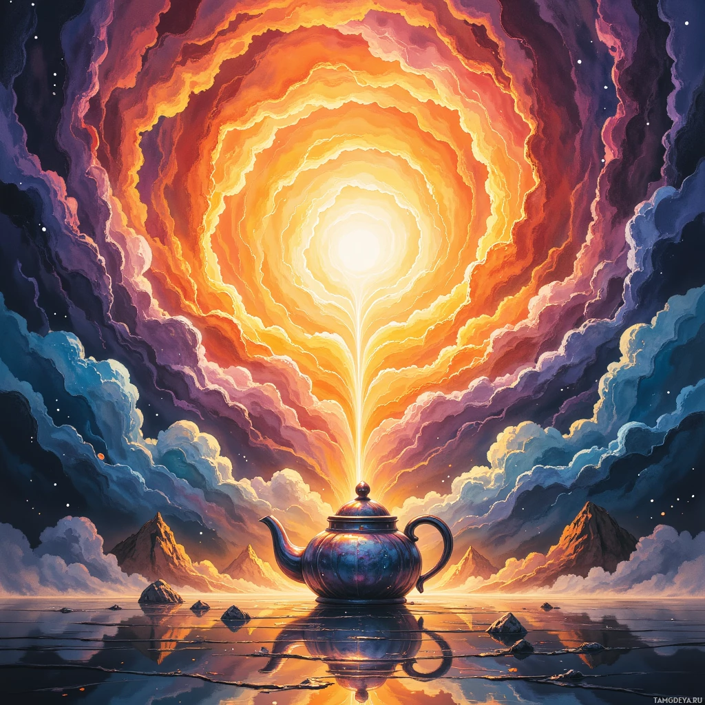 A teapot sits on a reflective surface beneath a vibrant, swirling sky.