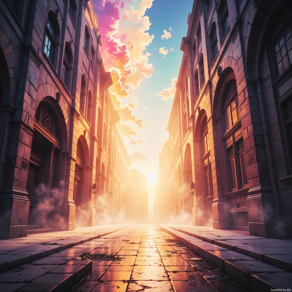 A sunlit street lined with historic buildings and a vibrant sky.