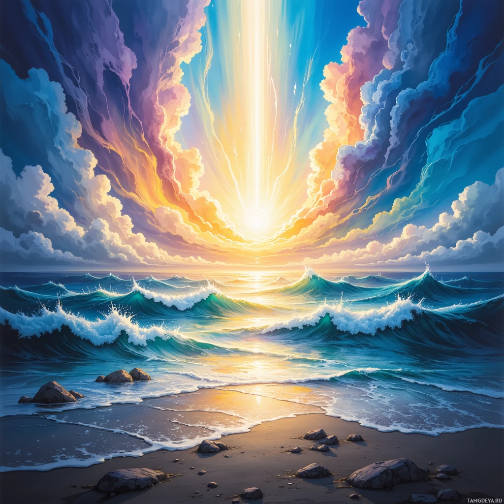 A vibrant sunset over the ocean with dramatic clouds and crashing waves.