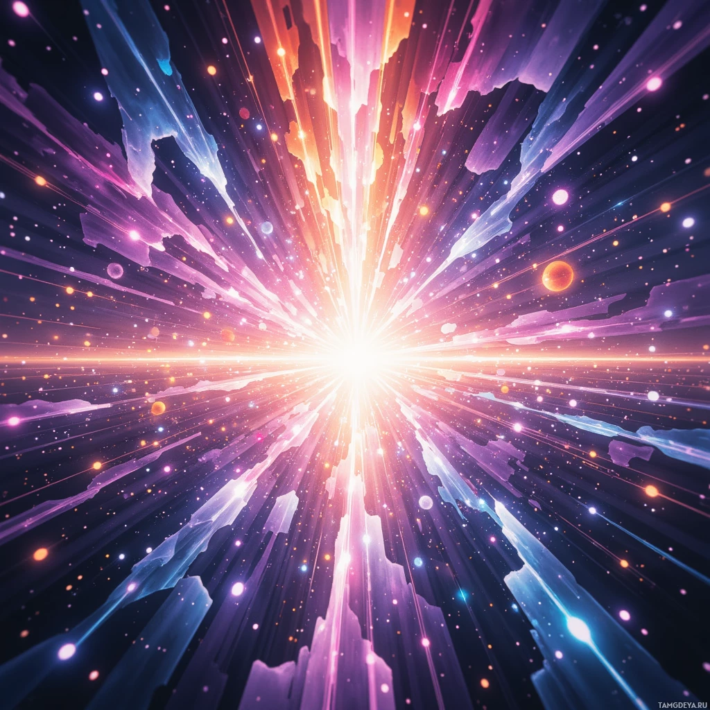 A vibrant cosmic scene with radiant beams of light and scattered stars.