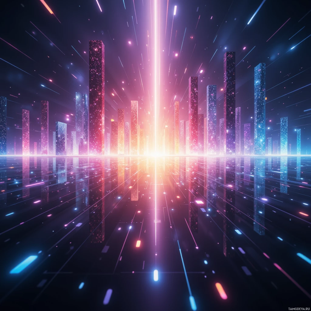 A futuristic cityscape with glowing vertical structures and streaks of light against a dark background.