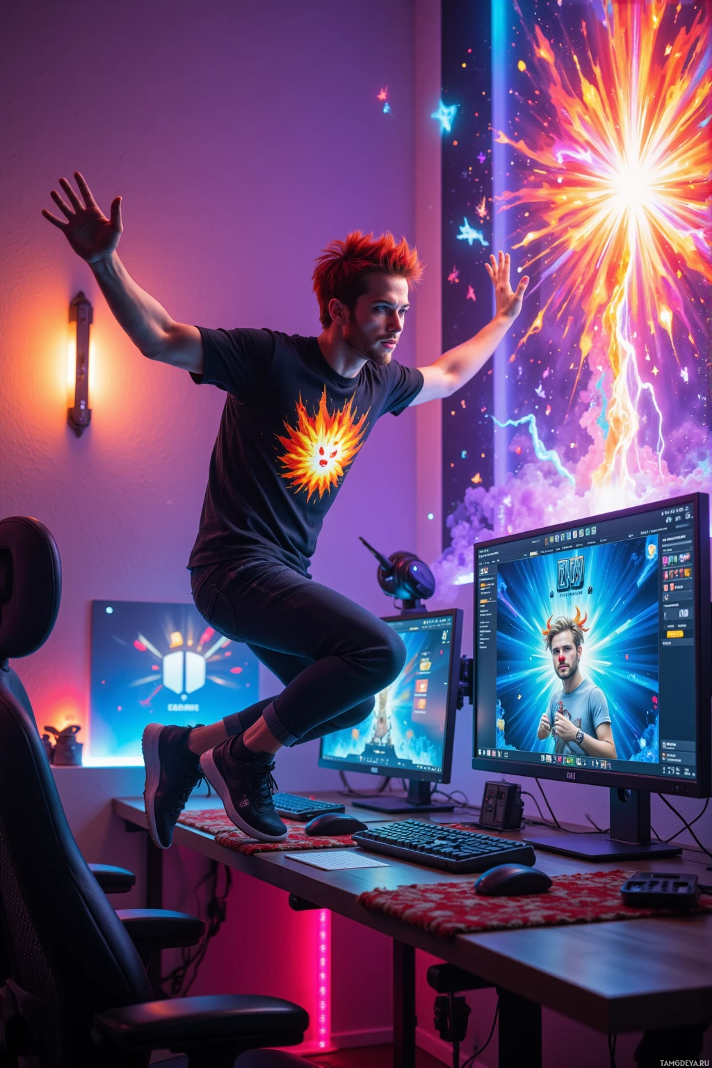 A person is balancing on a desk in a vibrant, colorful room with multiple monitors displaying dynamic graphics.