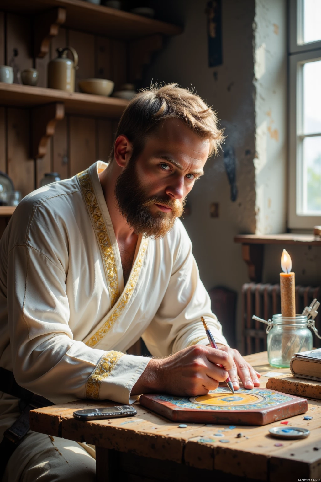 A man in a white robe with gold trim is seated at a wooden table, writing with a quill pen.