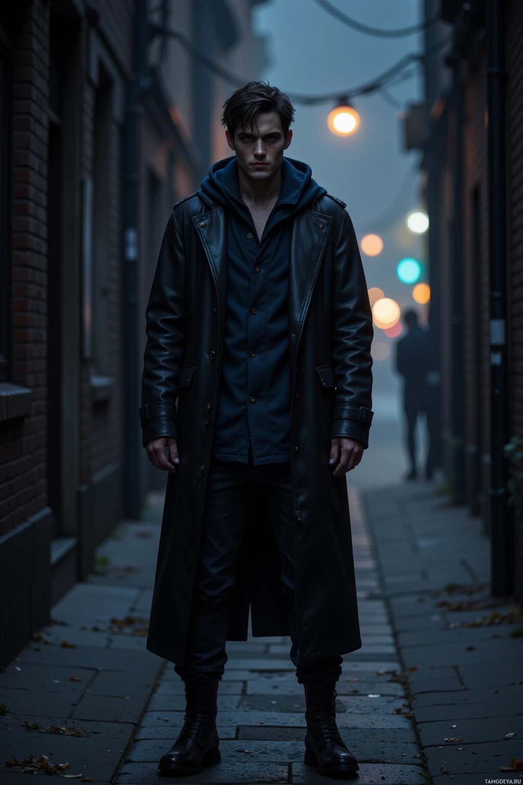 A person stands in a dimly lit alleyway, wearing a long leather coat and boots.