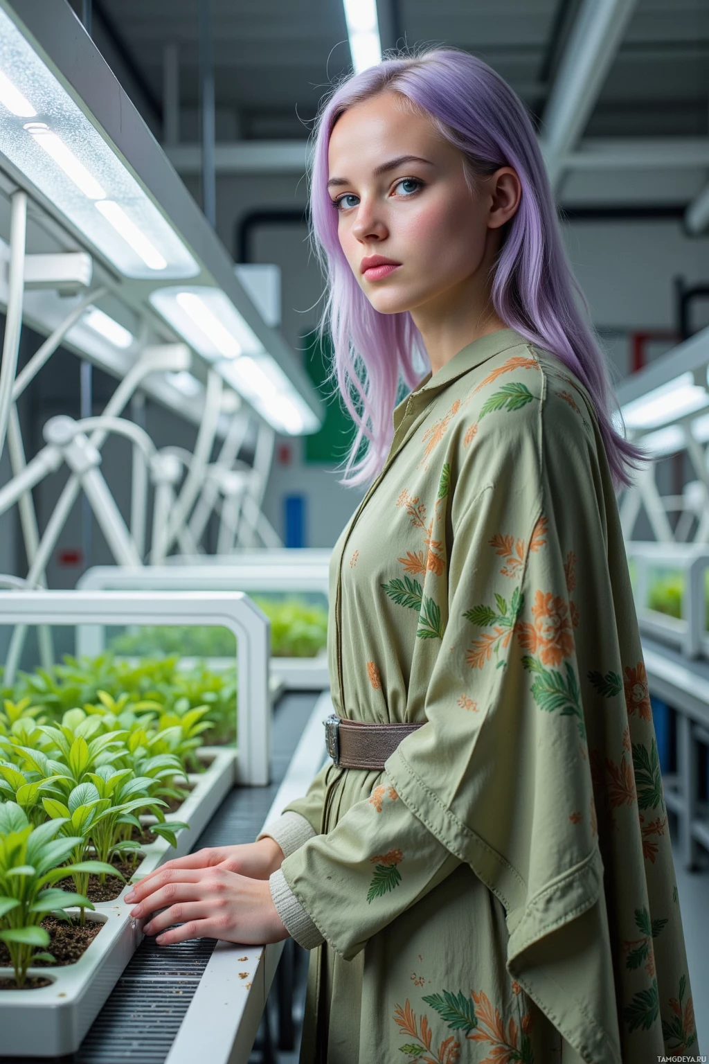 A person with purple hair stands in a greenhouse, wearing a floral-patterned green dress.