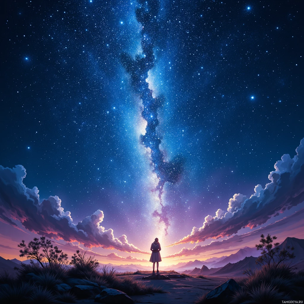A silhouette of a person standing on a rocky outcrop under a vibrant night sky filled with stars and a glowing celestial body.