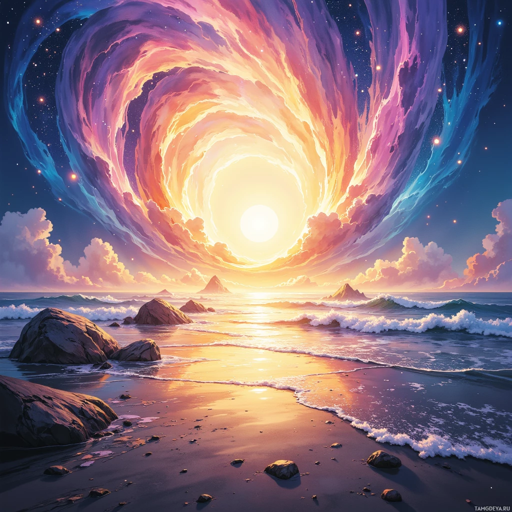 A surreal sunset scene with a swirling cosmic vortex above a rocky beach and ocean waves.