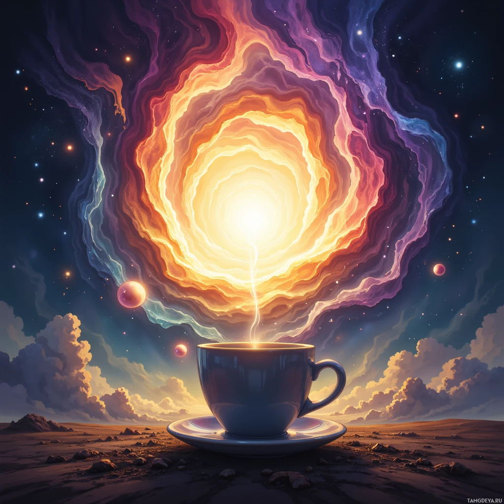 A surreal image of a cup of coffee with a cosmic, glowing aura and planets in the background.