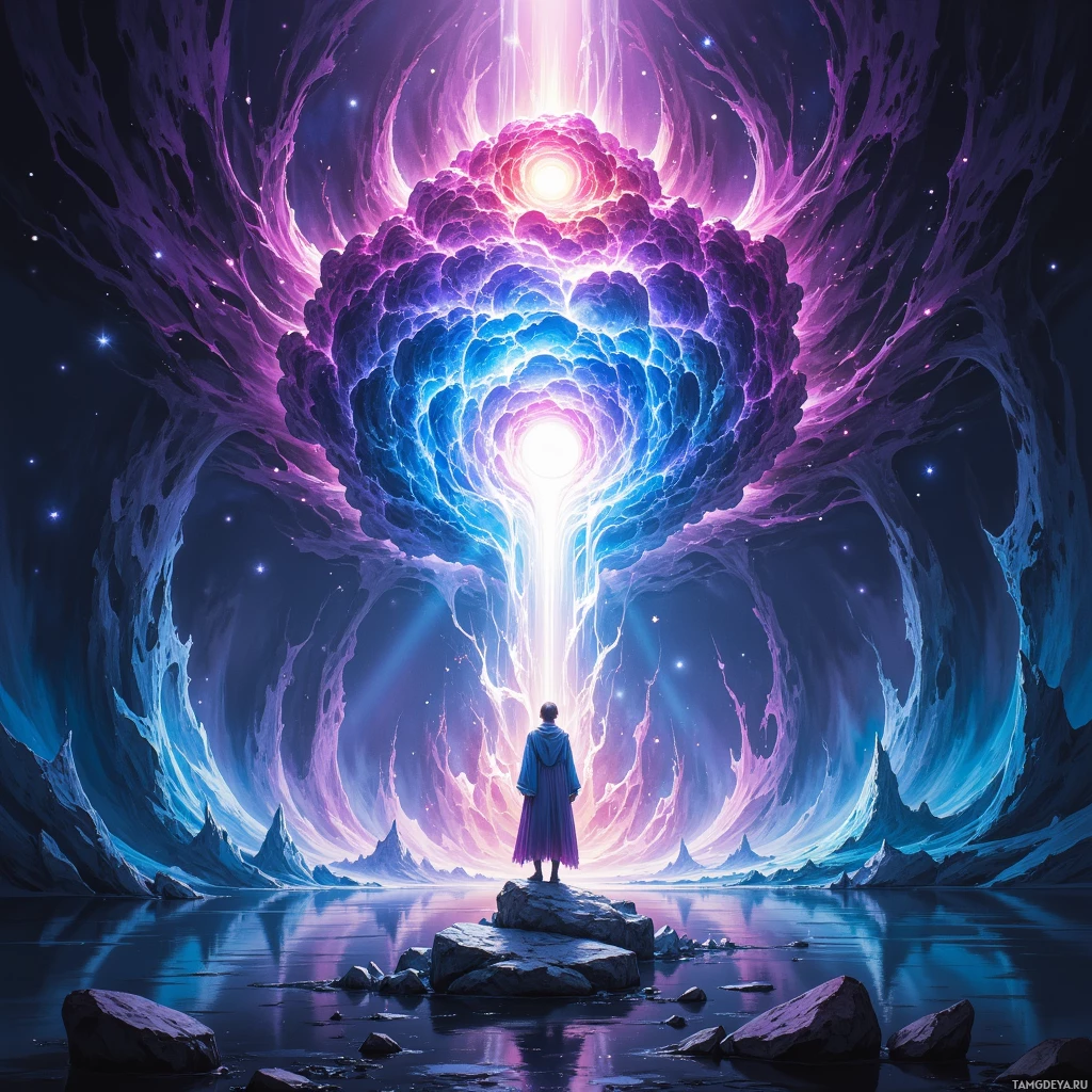 A person stands on a rock in a serene, cosmic landscape with a glowing, ethereal portal in the sky.