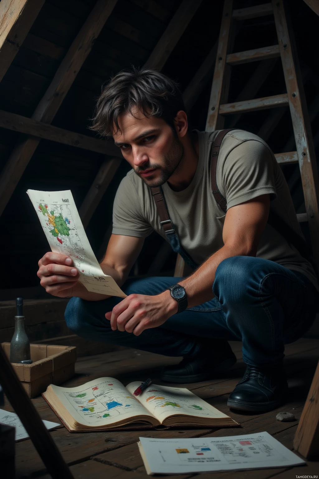 A man in overalls crouches in a rustic setting, examining a map and other documents.
