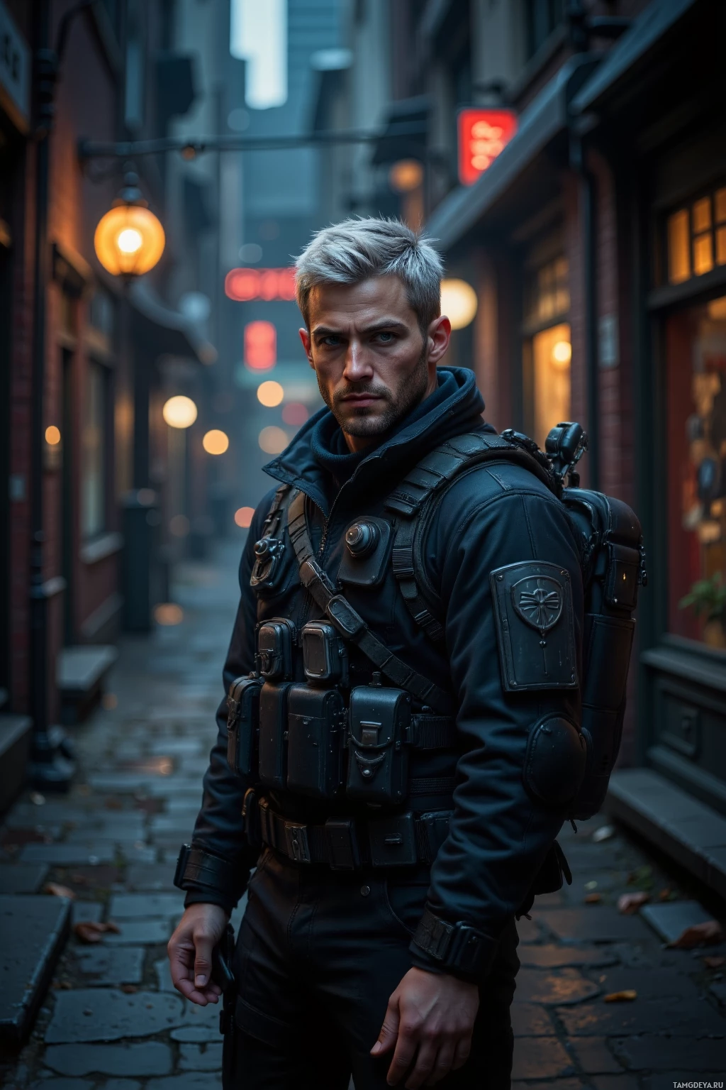 A man in tactical gear stands in a dimly lit alleyway.