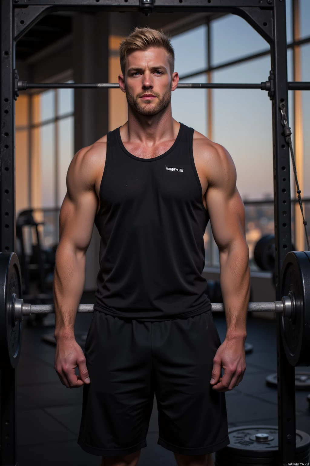 A muscular man in a gym wearing a black tank top and shorts.