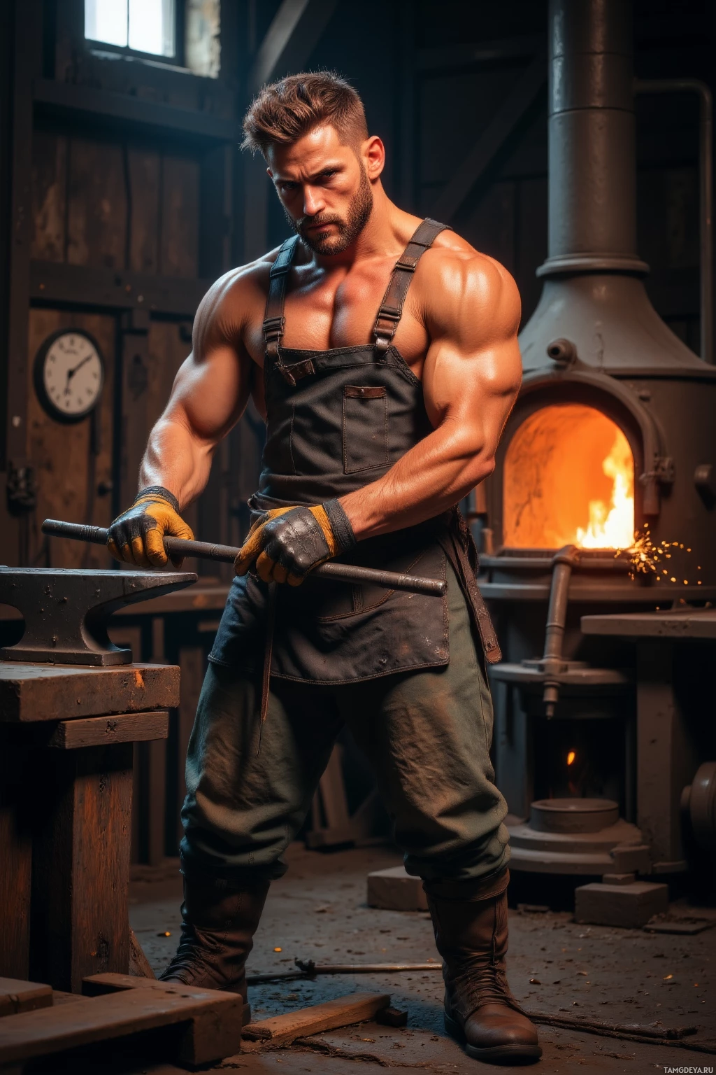 A muscular man in overalls stands in a forge, holding a hammer.