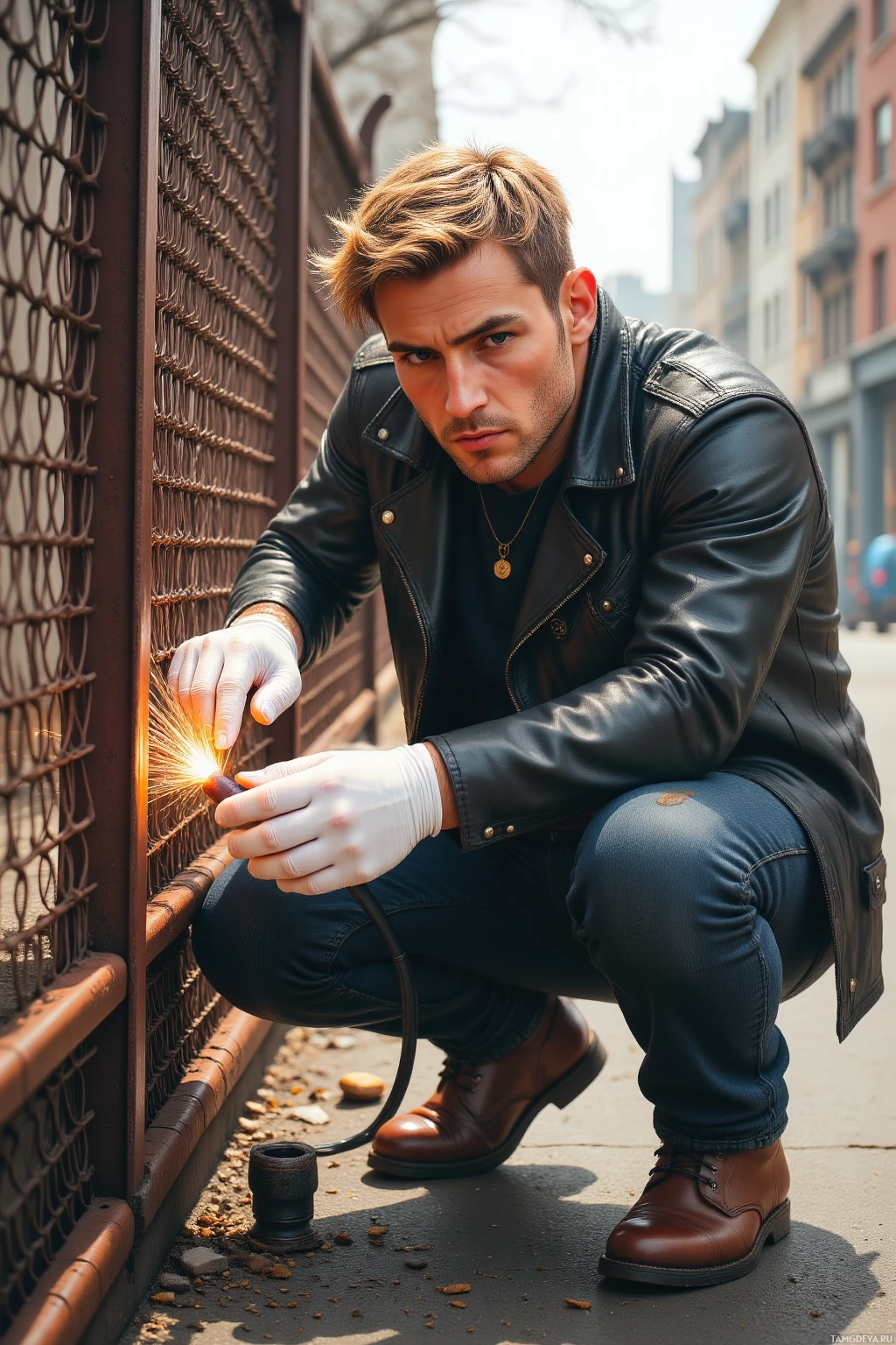 A man in a leather jacket and gloves is crouching near a metal fence, holding a tool that emits sparks.