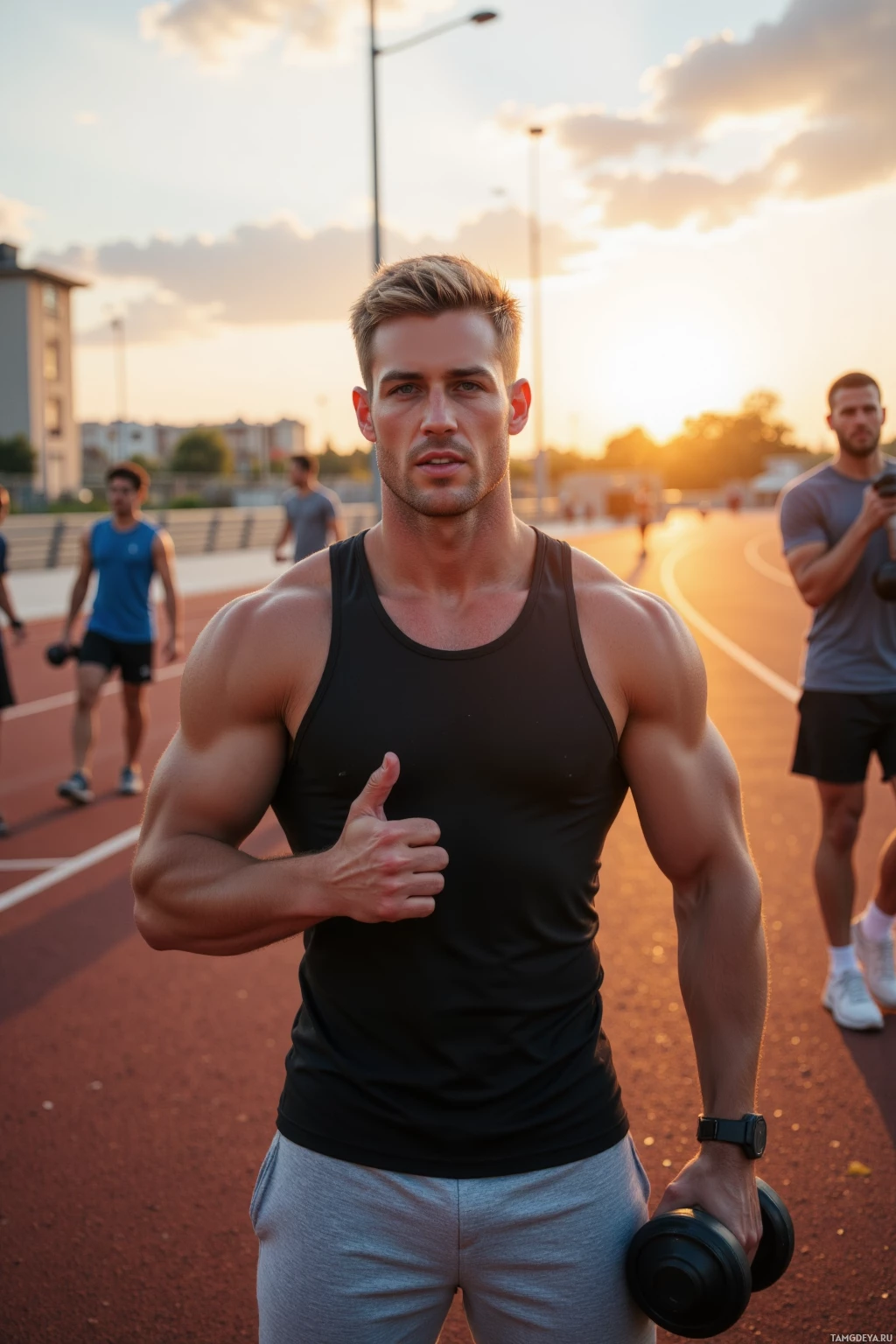 A muscular man in a black tank top and gray shorts holds a dumbbell, standing on a track with others in the background.