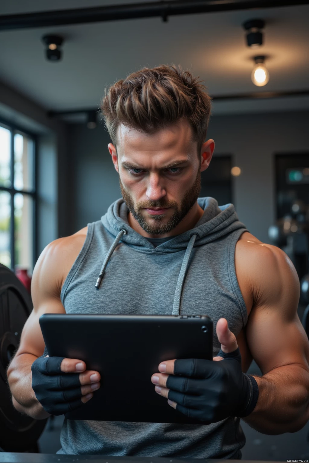 A muscular individual wearing a sleeveless hoodie and fingerless gloves is using a tablet in a gym setting.