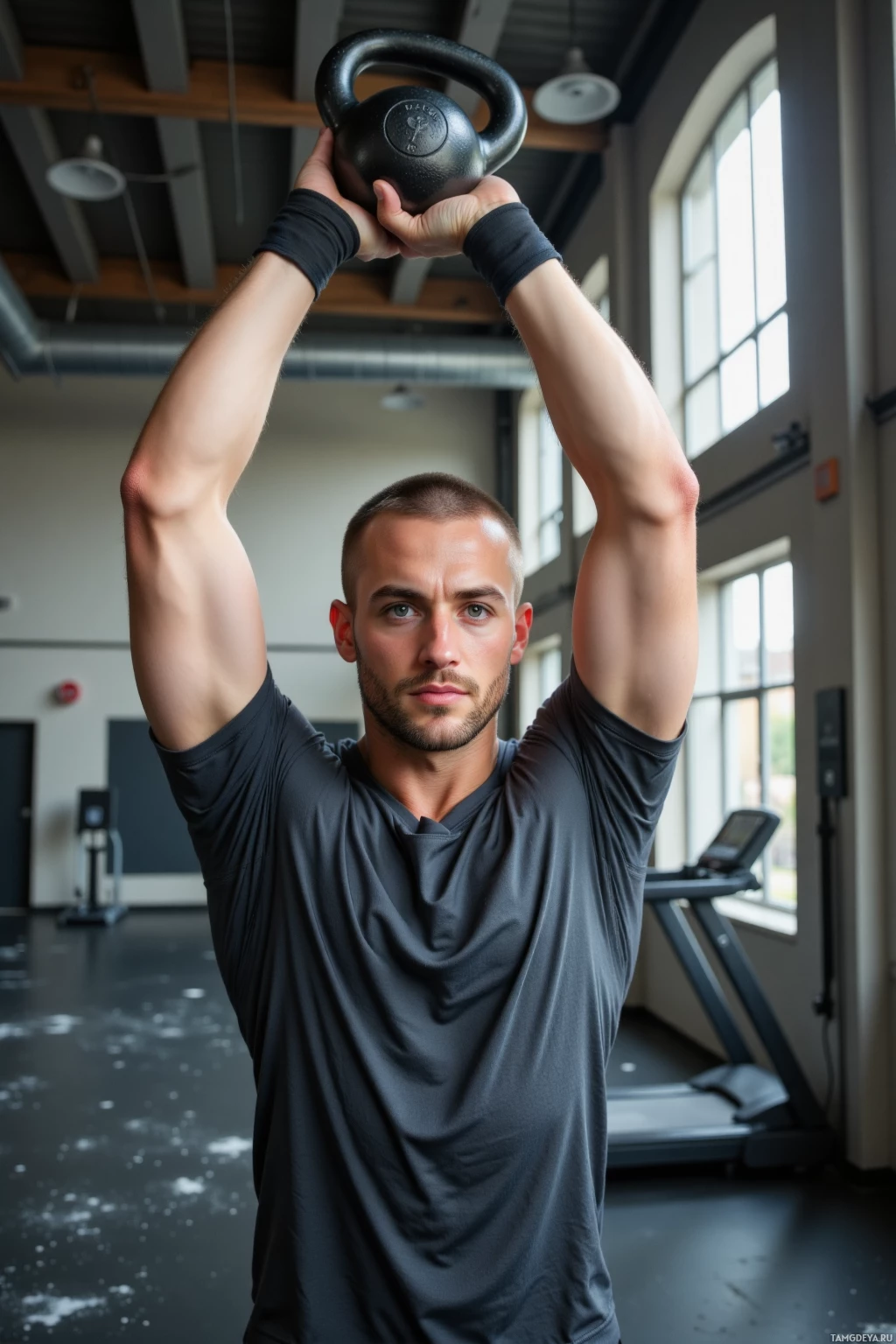A man in a gym holds a kettlebell above his head.
