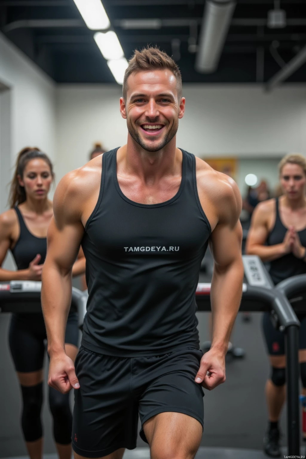 A man in a gym wearing a black tank top and shorts smiles while running on a treadmill.