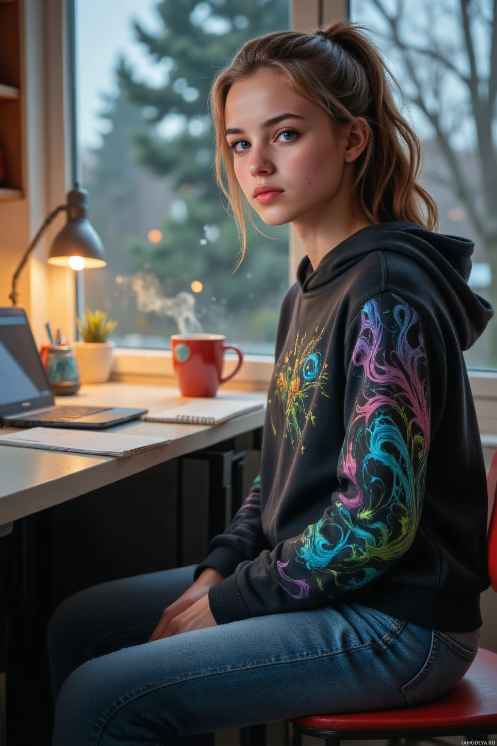 A person wearing a black hoodie with colorful designs sits at a desk with a laptop and a mug.