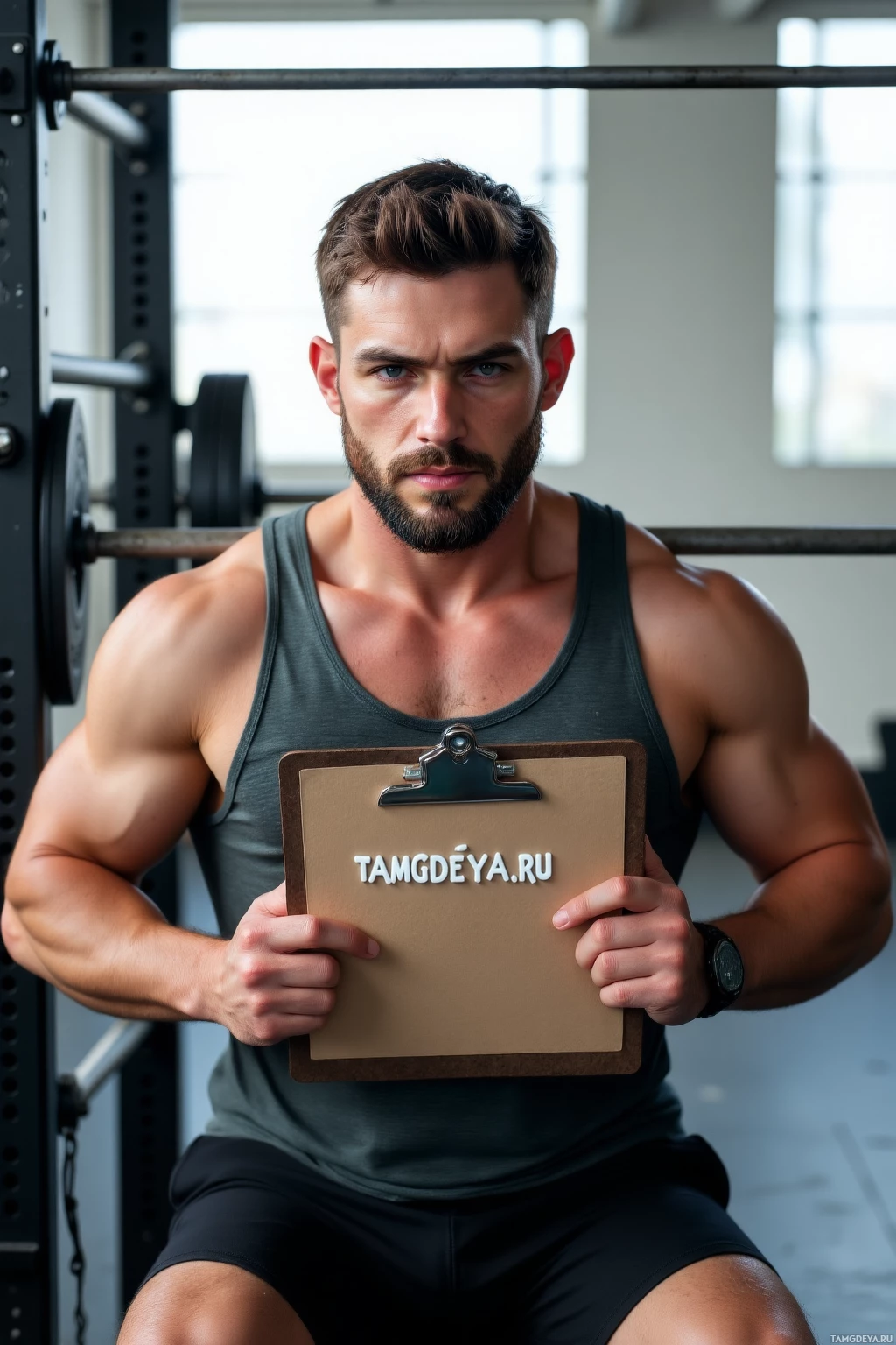 A muscular man in a gym holds a clipboard with text on it.