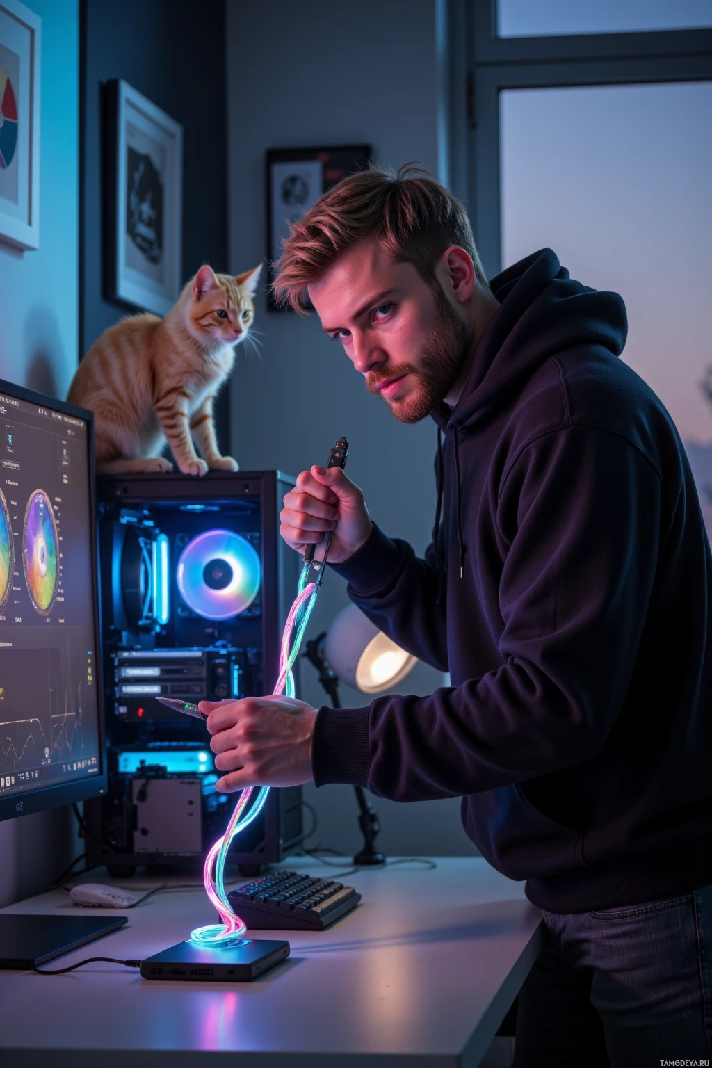 A man in a hoodie works on a computer setup with a cat perched on the case.