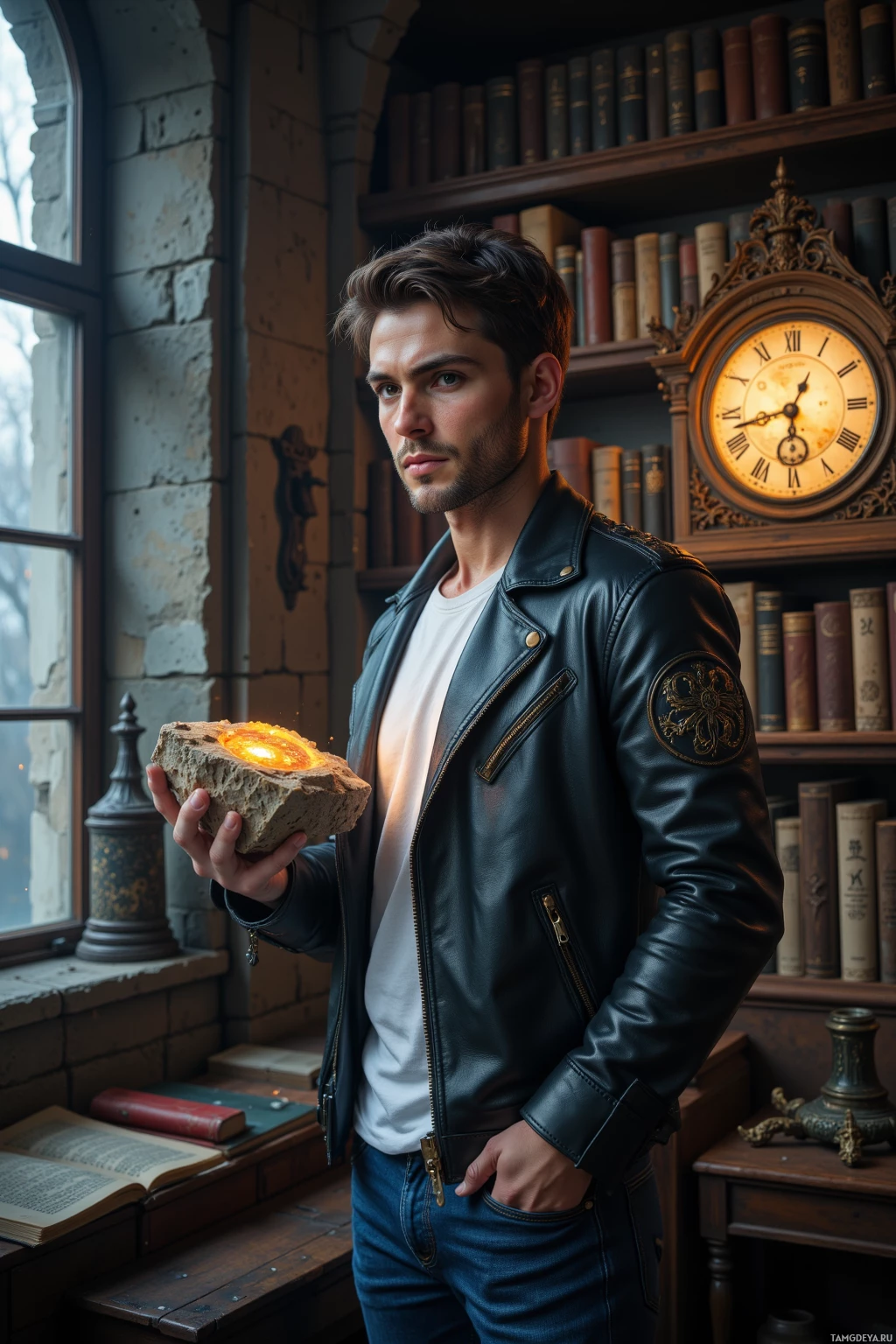 A man in a leather jacket stands in a room with a glowing rock, surrounded by books and a clock.