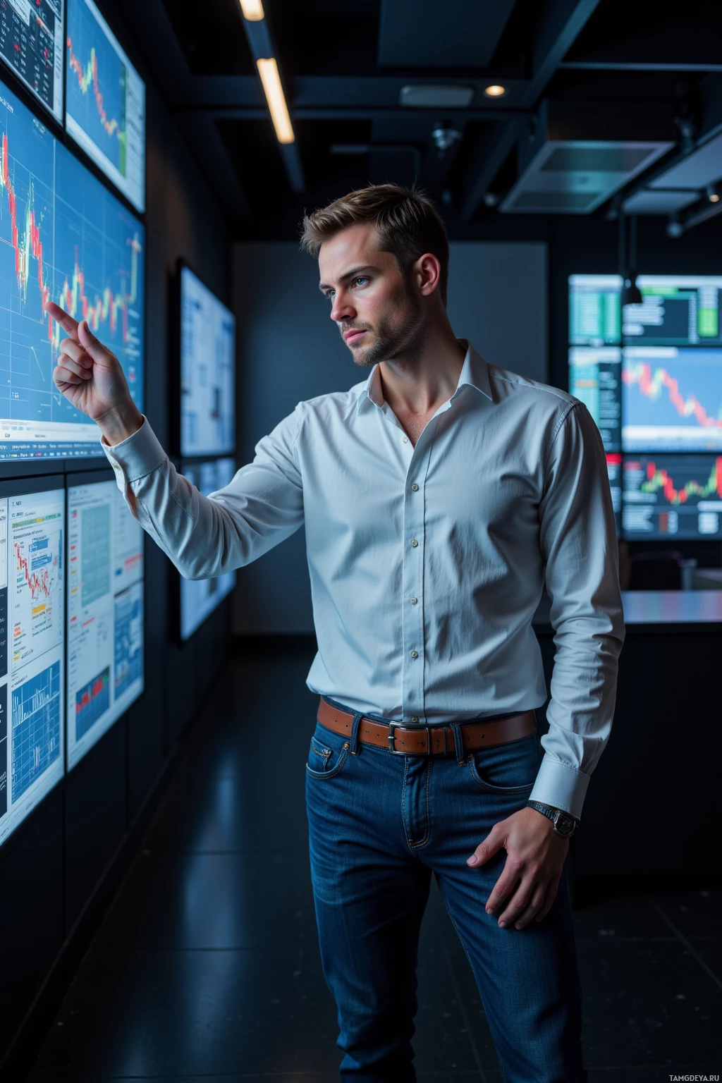 A man in a white shirt and jeans stands in a modern office, pointing at a large screen displaying financial data.