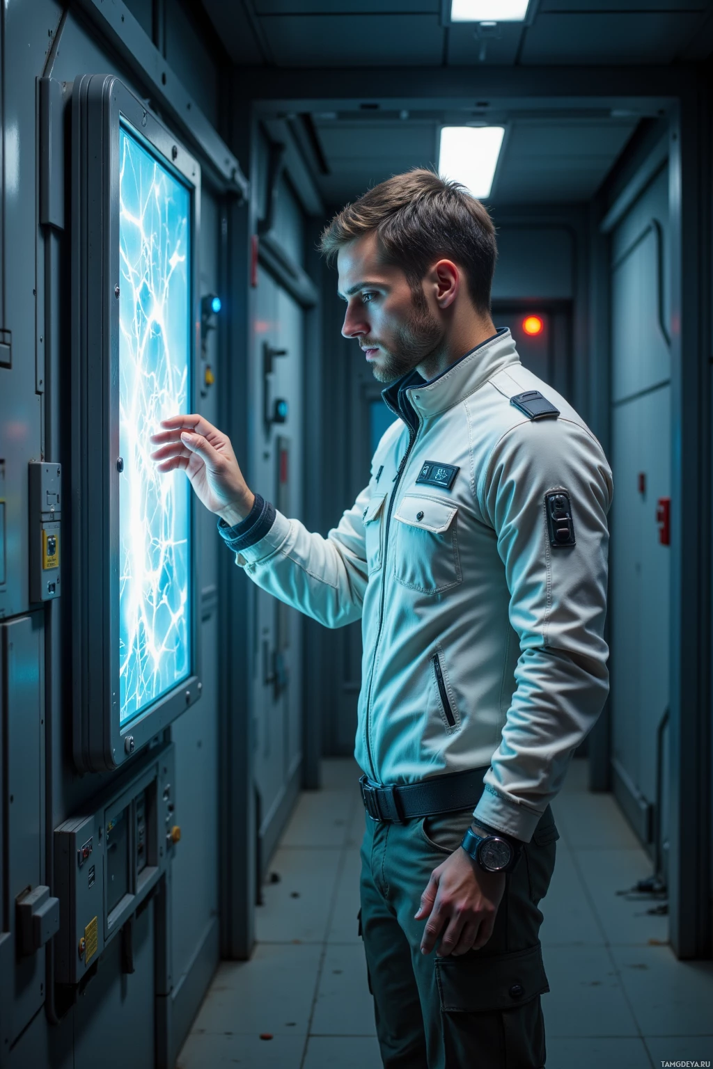 A man in a utility uniform stands in a corridor, interacting with a glowing panel.